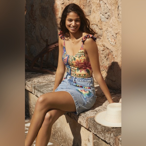 Farm Río for Anthropologie Embroidered Denim Skirt - Picture 2 of 14